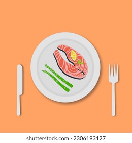 Delicious healthy breakfast vector illustration. Cartoon isolated plate with smoked salmon, asparagus asparagus  and lemon, top view of sandwich healthy food