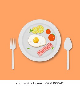 Delicious healthy breakfast vector illustration. Cartoon isolated plate withs bacon, tomato  lemon  and egg, top view of sandwich healthy food