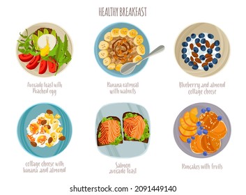 Delicious healthy breakfasts set. Hand drawn dishes in flat style with dry brush texture. Vector colorful meal illustrations and handwritten lettering for web articles, books and flyers.