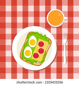 Delicious and healthy food. Breakfast, a cup of tea, an egg and a sandwich with cheese and tomatoes. Vector illustration