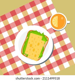  Delicious and healthy food. Breakfast, a cup of tea with lemon, a sandwich with cheese and lettuce. Vector illustration