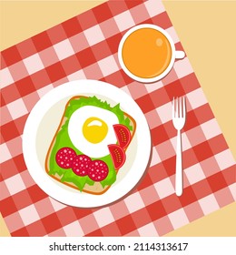 Delicious and healthy food. Breakfast, a cup of tea, an egg and a sandwich with cheese and tomatoes. Vector illustration