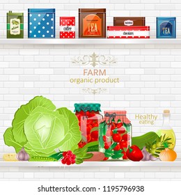 Delicious and healthy food on white shelves realistic
