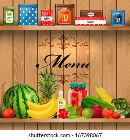 Delicious and healthy food on wooden shelves realistic