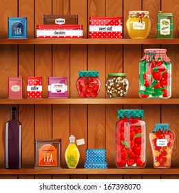 Delicious and healthy food on wooden shelves realistic
