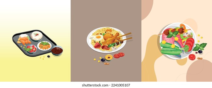 Delicious healthy food and traditional restaurants, cooking, menu, vector illustration