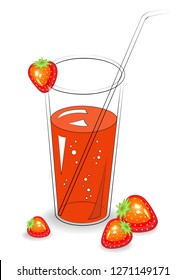 Delicious healthy refreshing drink. In a glass of natural fruit juice, ripe red strawberries. Vector illustration.