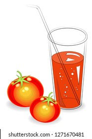 Delicious healthy refreshing drink. In a glass of natural vegetable juice, ripe red tomato. Vector illustration.