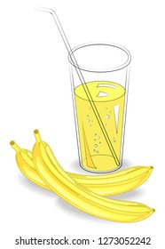 Delicious healthy refreshing drink. In a glass of natural fruit juice, two ripe bananas. Vector illustration.