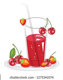 Delicious healthy refreshing fresh drink. Red strawberry and cherry berries on a plate. Vector illustration.
