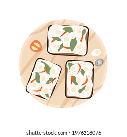 Delicious and healthy sandwiches on a wooden plate, top view. Sandwiches with spread, egg, pepper and herbs. Kitchenware vector illustration on a white background.