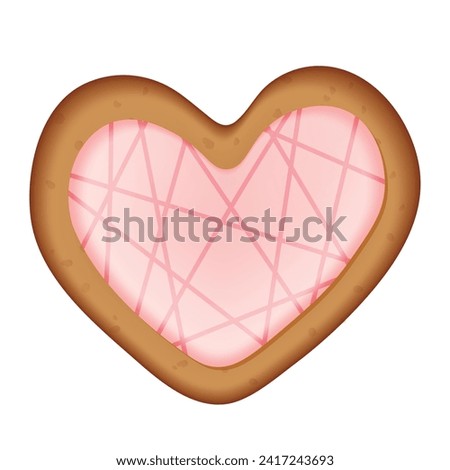 Delicious heart shaped cookie decorated with pink icing. Happy Valentine's Day sweets. Vector illustration.