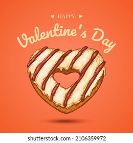 Delicious heart-shape donut. Love symbol. Vector illustration. Floating glazed donut supplemented with text HAPPY VALENTINE'S DAY. Greeting card, poster, banner, ad, social media post, flyer