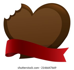 Delicious heart-shaped chocolate with bite mark and red ribbon template decoration.