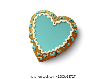 Una deliciosa galleta en forma de corazón decorada con glaseado azul claro y patrones intrincados. La galleta está aislada sobre un fondo blanco, por lo que es ideal para promociones de San Valentín, anuncios de panadería. Vector