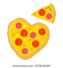 Delicious heart-shaped pizza and a slice of pizza. Cute simple illustration for valentine's day card, white background.	
