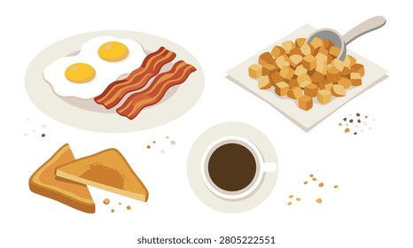 A delicious and hearty breakfast featuring fried eggs, crispy bacon, golden hash browns, buttered toast, and a cup of black coffee.