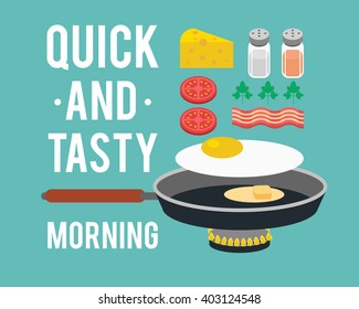 Delicious and hearty breakfast in a skillet. Egg, tomato, bacon, parsley, cheese, salt, pepper. Vector illustration.