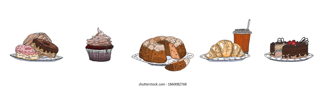 delicious home cafe pastries cakes and pastries. vector doodle sketch