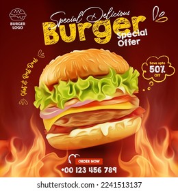 Delicious homemade burger with BBQ grill fire, Social media templates for promotions on the Food menu