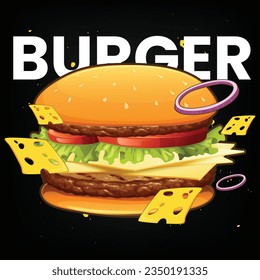 Delicious homemade burger with cheese. Vector illustration