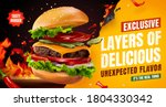 Delicious homemade burger with chili and BBQ grill fire, food ad banner in 3d illustration