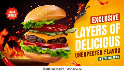 Delicious Homemade Burger With Chili And BBQ Grill Fire, Food Ad Banner In 3d Illustration