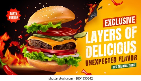 Delicious homemade burger with chili and BBQ grill fire, food ad banner in 3d illustration