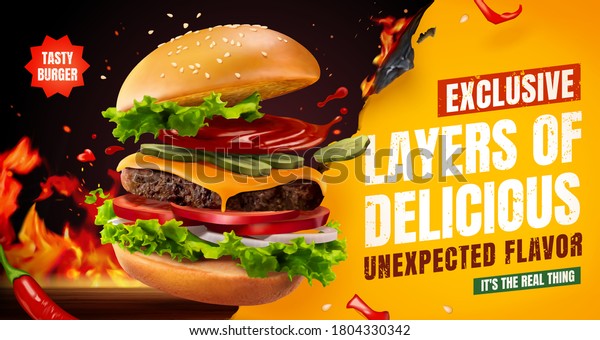 Delicious homemade burger with chili and BBQ grill fire, food ad wallpaper in 3d illustration
