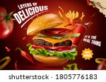 Delicious homemade burger with splashing cola, french fries and fresh ingredients, food ad in 3d illustration