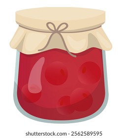 Delicious homemade cherry jam, marmalade, in a glass jar with a lid decorated with a napkin and tied with a string. Vector illustration for a poster, cookbook, labels or tags