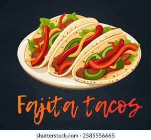 Delicious homemade fajita tacos vector icon, a staple of Mexican cuisine. Three warm corn tortillas generously filled with colorful strips of red and green bell peppers, onions, and fresh ingredients