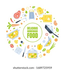 Delicious Homemade Food Banner Template with Kitchenware and Healthy Fresh Products for Cooking Pattern Vector Illustration