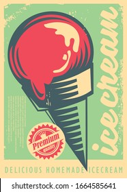 Delicious homemade ice cream vintage vector flyer template. Retro poster with  ice cream scoop in a cone.