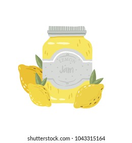 Delicious homemade lemon jam. Fruit jam jar glass isolated on white background. Vector hand drawn illustration.