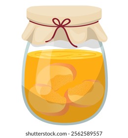 Delicious homemade peach jam, marmalade, in a glass jar with a lid decorated with a napkin and tied with a string. Vector illustration for a poster, cookbook, labels or tags