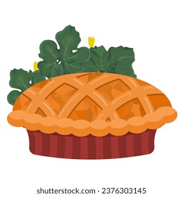 Delicious homemade pumpkin pie. Round orange pie with pumpkin leaves on the background. Isolated on a white background. Flat cartoon illustration.