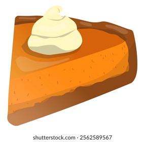 Delicious homemade pumpkin pie with shortcrust pastry and decorated with cream swirl. Vector illustration for poster, greeting card or invitation, labels or tags