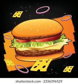 Delicious homemade spicy burger with chunks of cheese and onions. Vector illustration