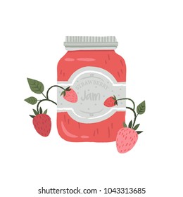 Delicious homemade strawberry jam. Fruit jam jar glass isolated on white background. Vector hand drawn illustration.