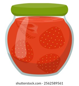 Delicious homemade strawberry jam, preserves, in a glass jar with a green lid. Vector illustration for a poster, cookbook, labels or tags