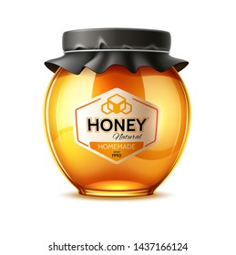 Delicious honey ad with glass jar with golden honey  on isolated background. Healthy product package design. Vector organic sweet syrup. Natural fresh dessert poster design