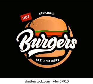 Delicious hot burgers vector logo with lettering. Fast food . Vector 