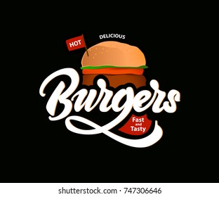 Delicious hot burgers vector logo with lettering. Fast food . Vector
