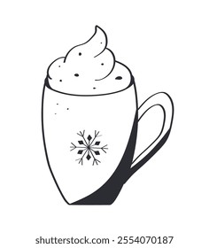 Delicious hot chocolate with cream. Christmas hot drinks doodle style. Vector illustration hand drawn. 