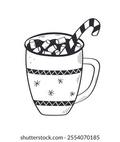 Delicious hot chocolate with marshmallows. Christmas hot drinks doodle style. Vector illustration hand drawn. 