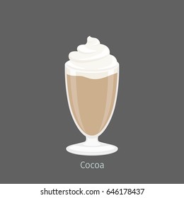 Delicious hot cocoa or drinking chocolate in oblong glass. Vector illustration of heated beverage with cacao powder, hotter milk or water, and sugar. Hot chocolate topped with whipped cream.