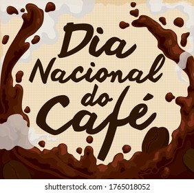 
Delicious hot coffee beverage emanating a soft scent with some roasted beans over gunny sack ready for National Coffee Day (written in Portuguese).