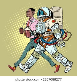 Delicious and hot coffee for everyone. Delivery throughout the universe. A male office worker and an astronaut walk together and hold a cup of coffee. Pop Art Retro Vector Illustration Kitsch Vintage