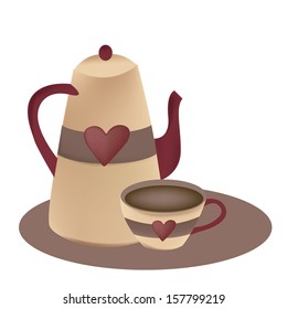 a delicious and hot coffee with a coffee pot in a big dish